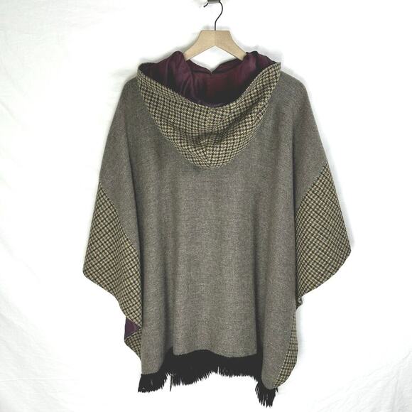 Vtg Wool Keyhole Neck Fringe Hem Pullover Hooded Cape Poncho Gray Women One Size - Picture 3 of 10